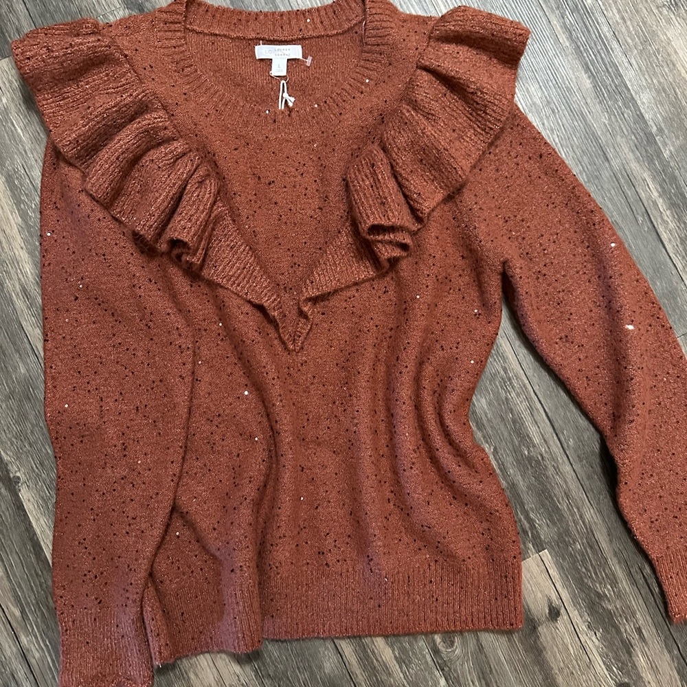 NWT Lauren Conrad Ruffle Sweater Brown & Sequined L